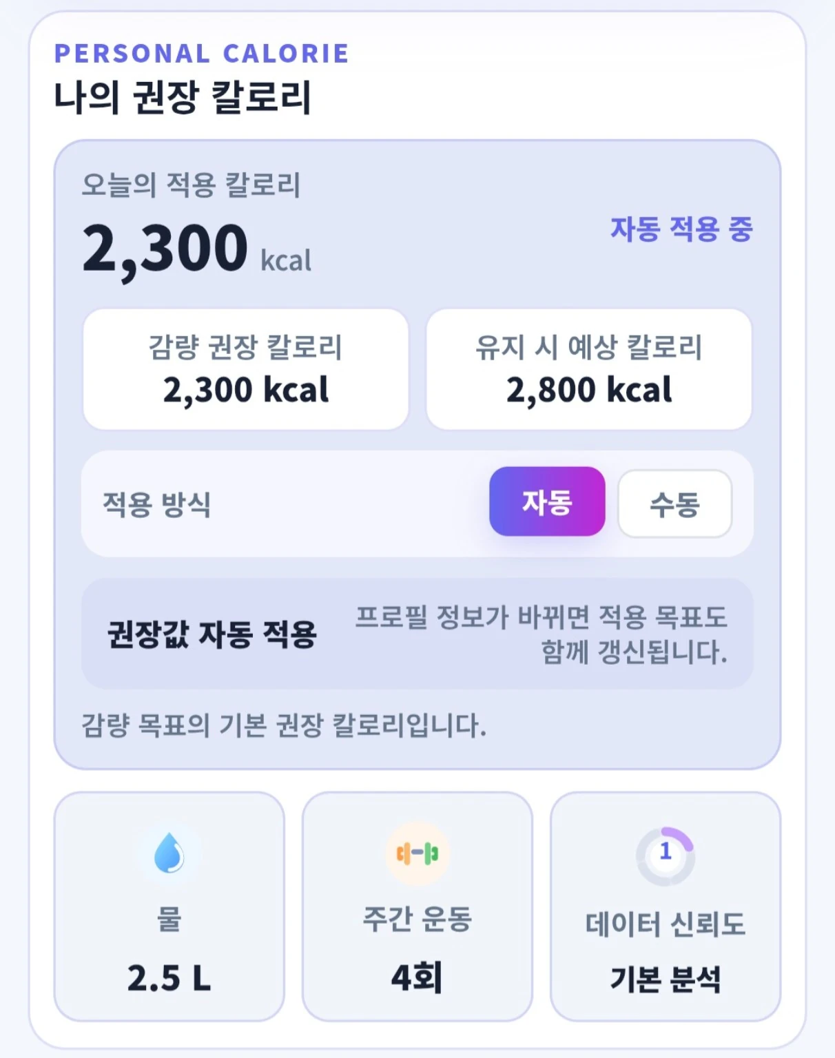조선칼로리 개인 권장 칼로리 화면